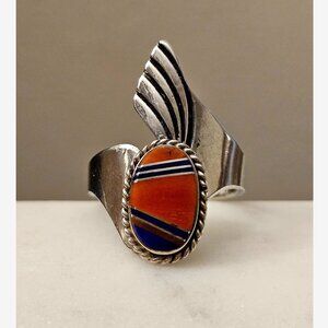 Vintage Navajo Larry Pacheco Kewa Sterling Silver Coral & Lapis Inlay Ring